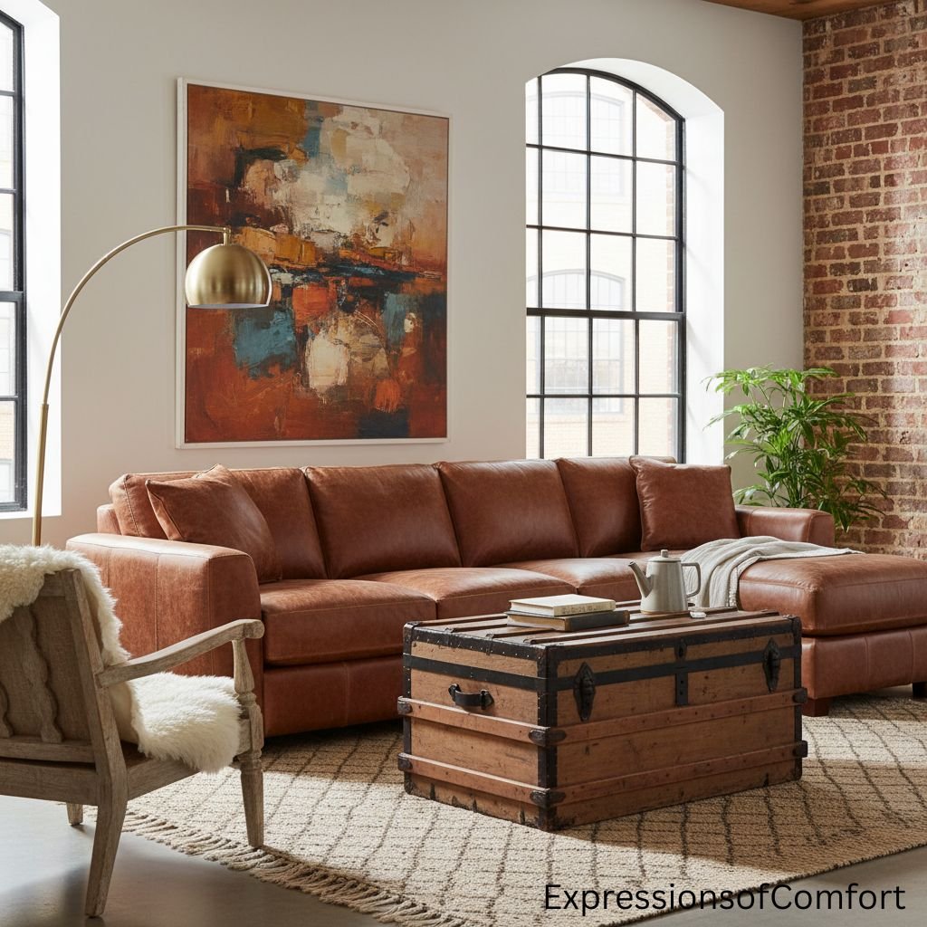Leather-Sectional-and-Trunk Unlock the Beauty of Vintage Decor for Midlife Women
